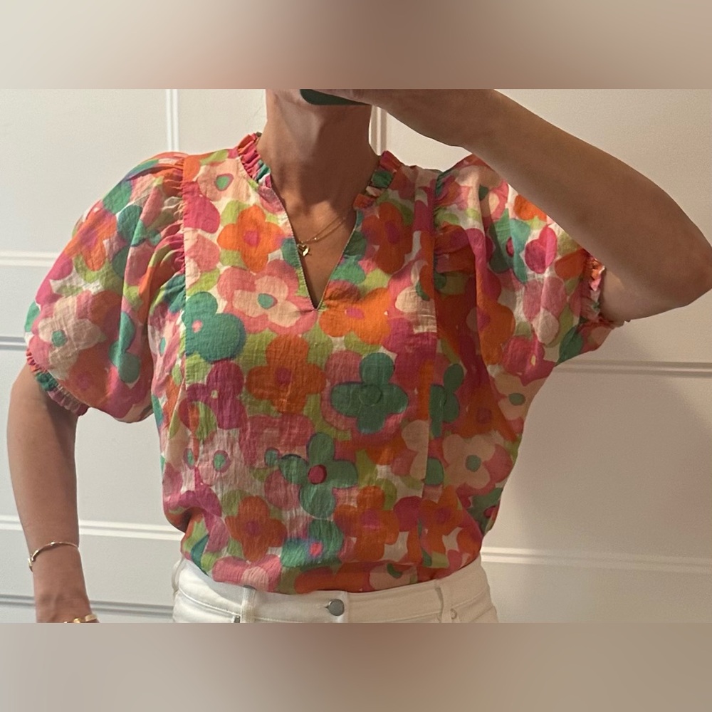 Boutique Floral Tie-Dye Puff Sleeve V-Neck Top - Pink Green Orange